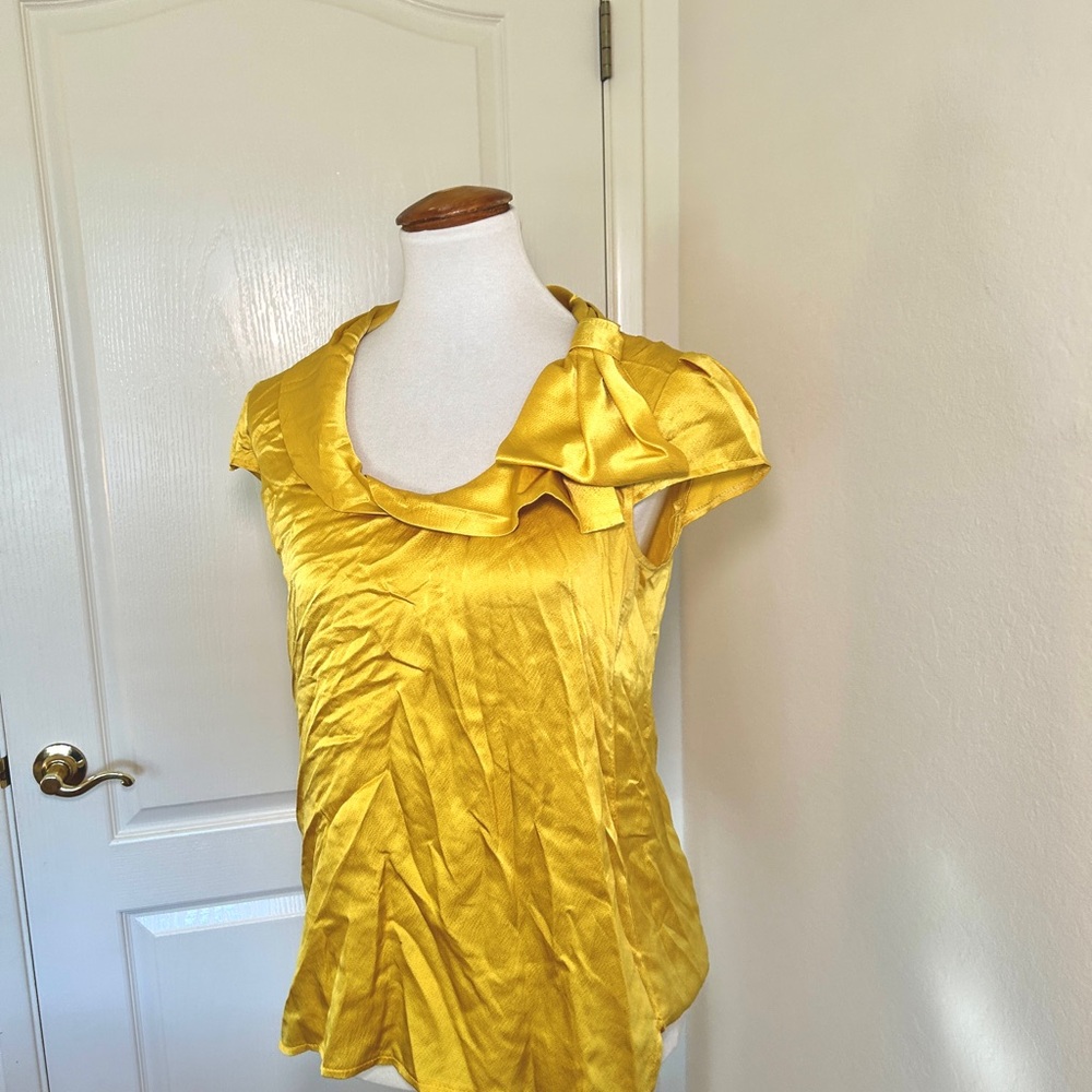 Nanette Lepore Yellow Satin Ruffle Cap-Sleeve Blouse